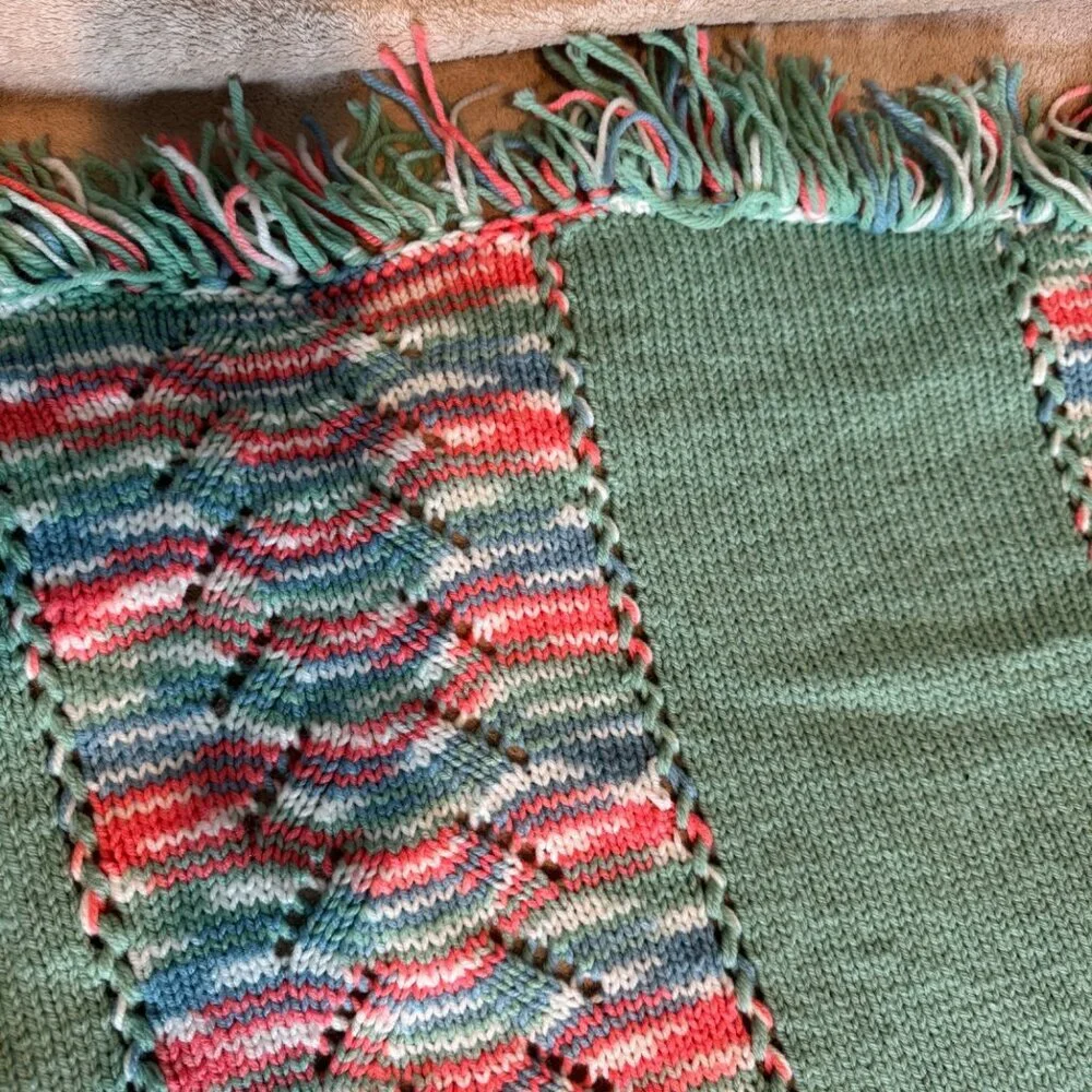 Vintage Large Crocheted Afghan Pink Mint and White with Blue Accents Lap Warmer